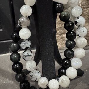 Rainbow moonstone and silver sheen obsidian bracelet set
